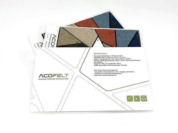 Acofelt PPREMIUM folder -gerecycled pet vilt Made in europe - pet materialen -akoestische panelen gerecycled.
